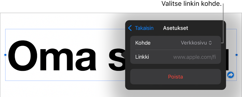 Linkkiasetukset-säätimet, joissa on valittuna Verkkosivu ja alhaalla on painike Poista.