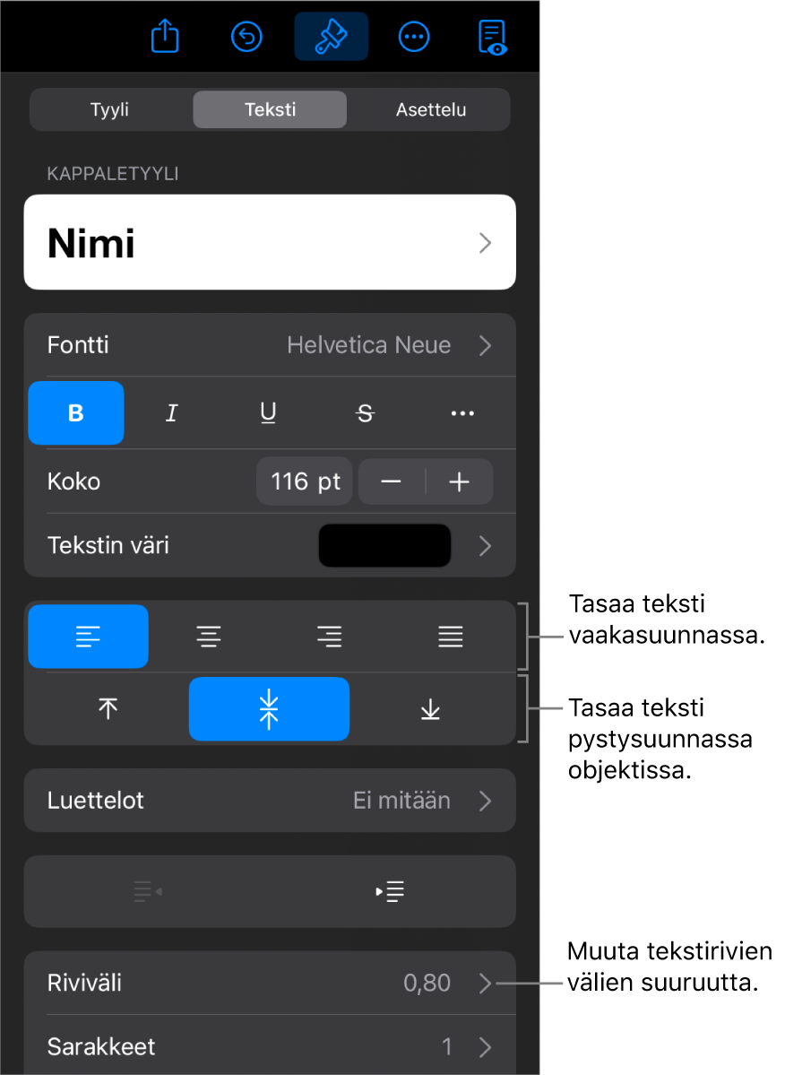 Asettelu-osio, jossa näkyy selitteet tekstin tasaus- ja välistyspainikkeille.