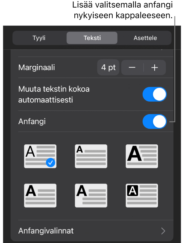 Anfangi-säätimet Teksti-valikossa.