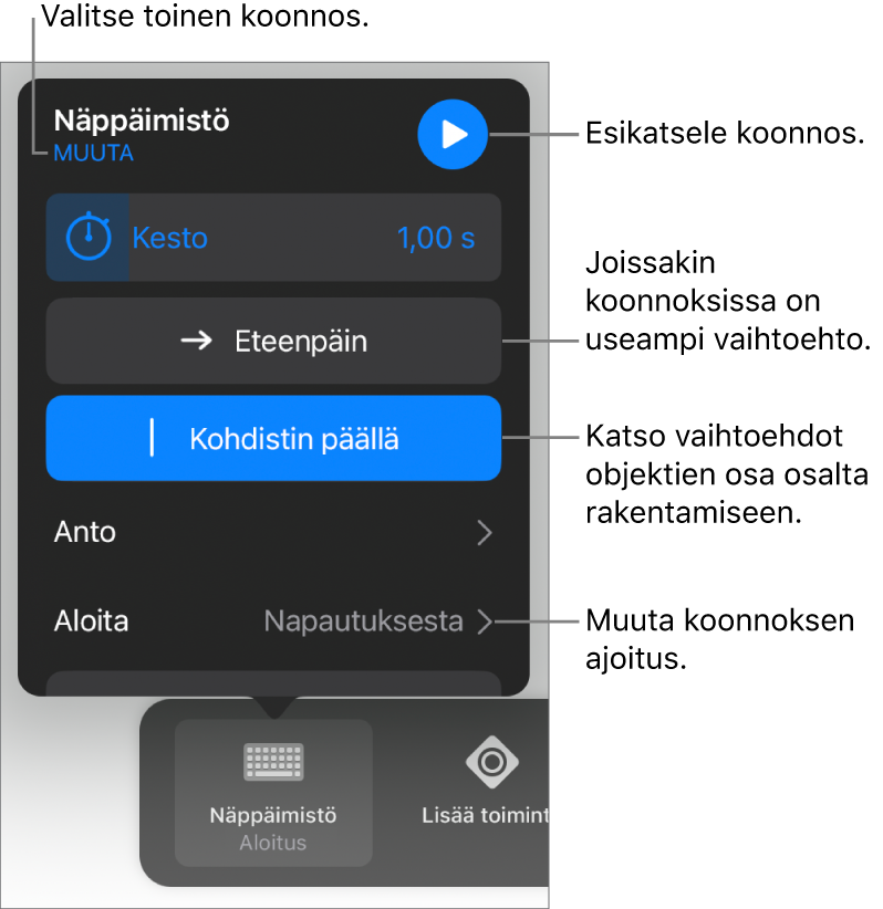 Koonnosvalintoihin sisältyy Kesto, Anto ja Aloituksen ajoitus. Valitse toinen koonnos napauttamalla Muuta tai esikatsele koonnosta napauttamalla Esikatsele.