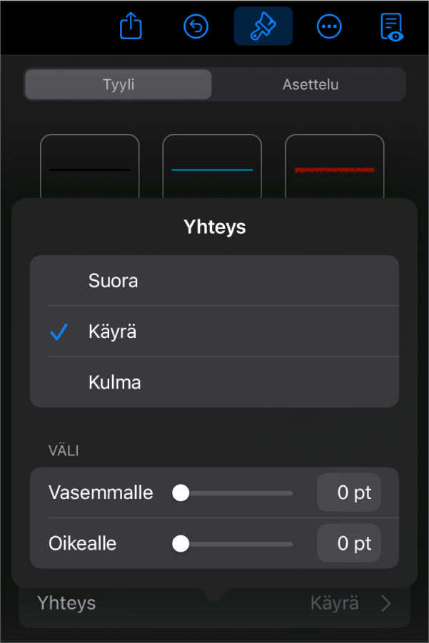 Yhteys-säätimet ja Käyrä valittuna.