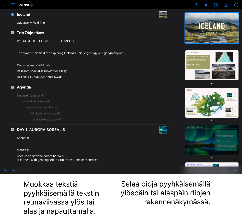 Hahmotelmanäkymä, jossa on tekstihahmotelma näytön vasemmassa reunassa ja pystysuuntainen diojen rakennenäkymä oikeassa reunassa.