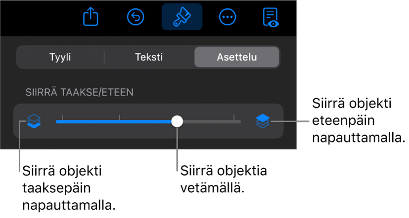 Siirrä taakse -painike, Siirrä eteen -painike ja kerrosliukusäädin.