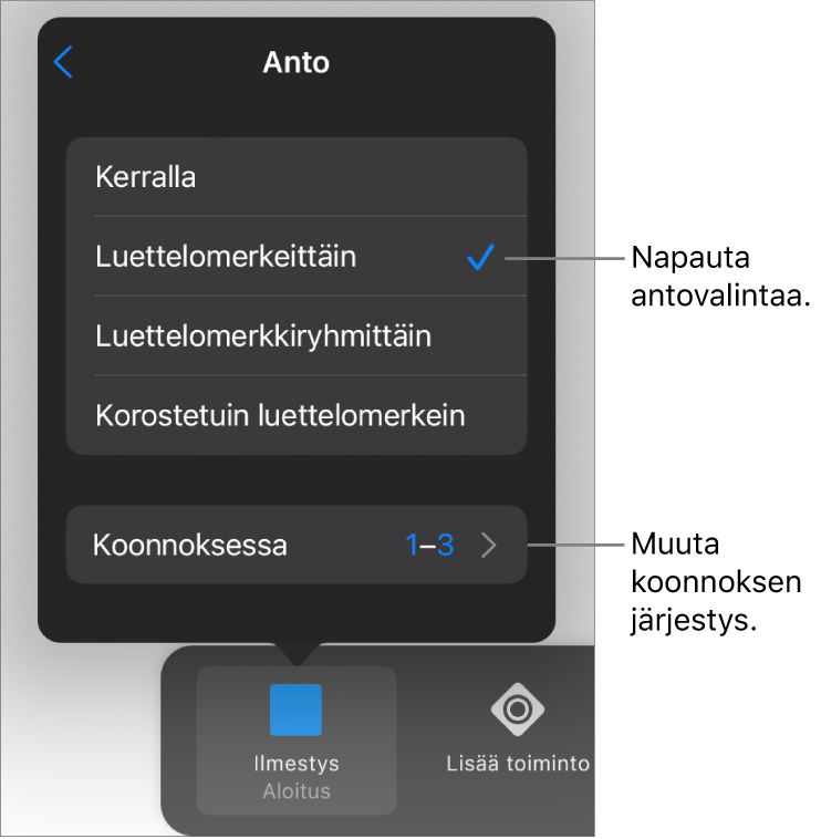 Antovalinnat Aloitus-osiossa.