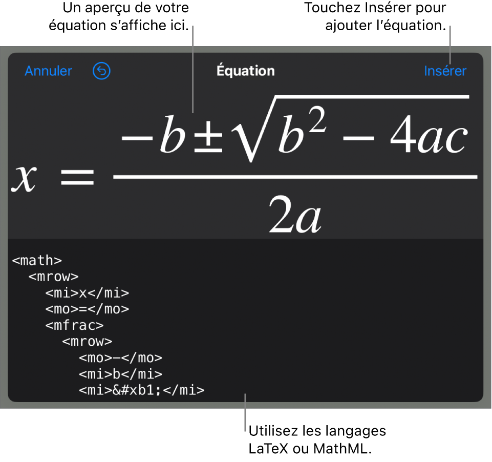 Zone de dialogue Équation, affichant une équation composée à l’aide des commandes MathML et aperçu de la formule au-dessus.