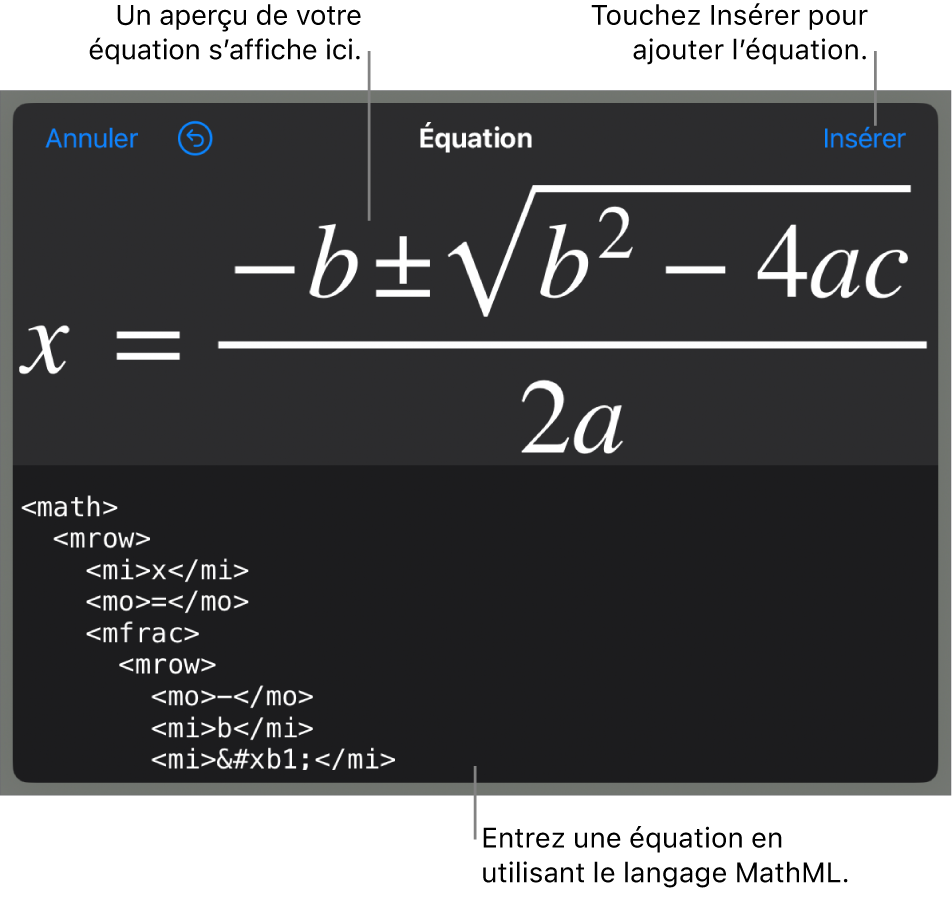 Zone de dialogue Équation, affichant une équation composée à l’aide des commandes MathML et aperçu de la formule au-dessus.