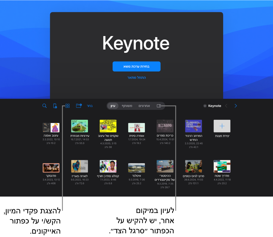 במחצית העליונה של מנהל המסמכים מופיעים כפתורים לבחירת ערכת נושא ולהתחלת מצגת מקו מתאר ובמחציתו התחתונה דפדפן המסמכים עם מצגות ששותפו.