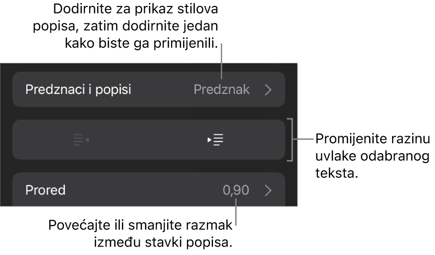 Odjeljak Predznaci i popisi kontrola formatiranja s oblačićima na Predznake i popise, tipke za izvlake i uvlake i kontrole razmaka između redaka.