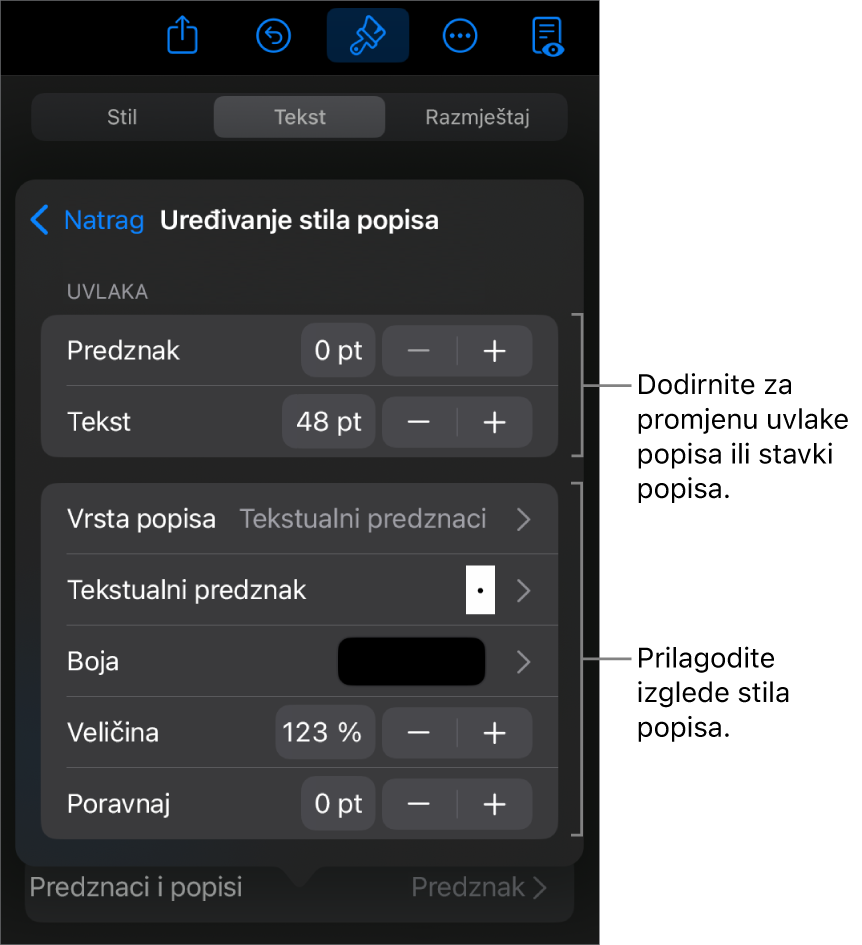 Izbornik Uredi stil popisa s kontrolama za uređivanje vrste i izgleda popisa.