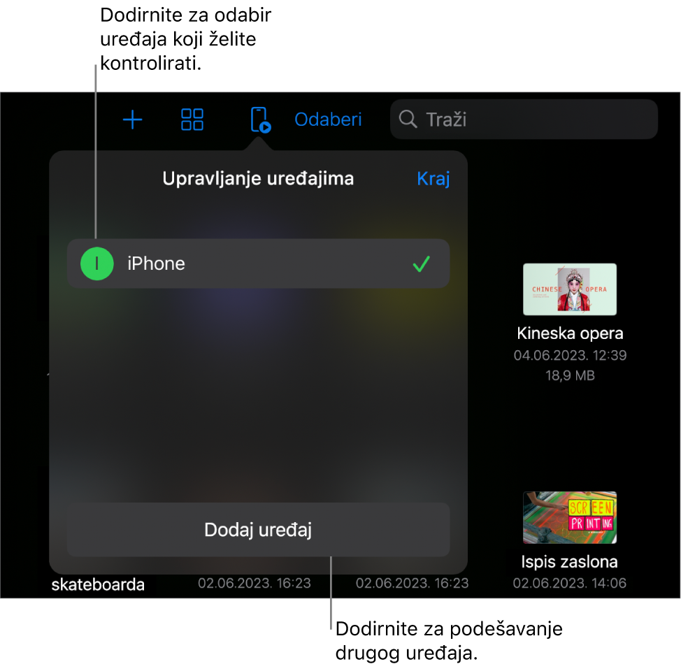 Skočni izbornik Upravljanje uređajima, s prikazom linka Dodaj uređaj.