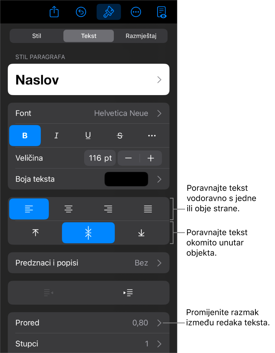 Prozor Raspored s balončićima za tipke za poravnanje teksta i razmak.