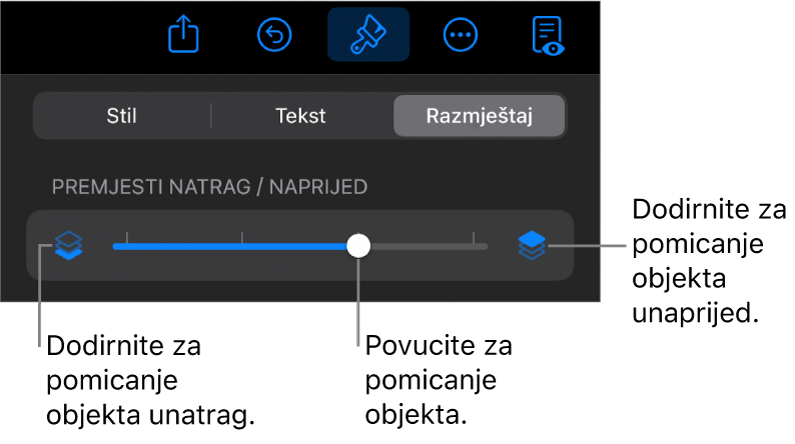 Tipka Premjesti natrag, tipka Premjesti naprijed, i kliznik za slojeve.