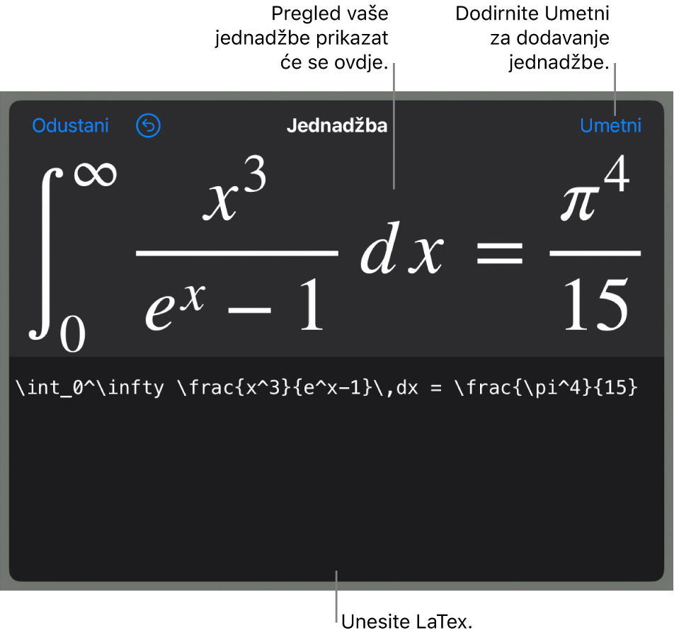 Dijaloški okvir Jednadžba koji prikazuje jednadžbu napisanu korištenjem LaTeX naredbi i prikaz gornje formule.