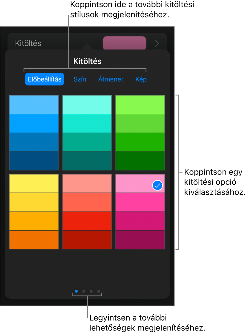 Kitöltési lehetőségek a Stílus lapon.