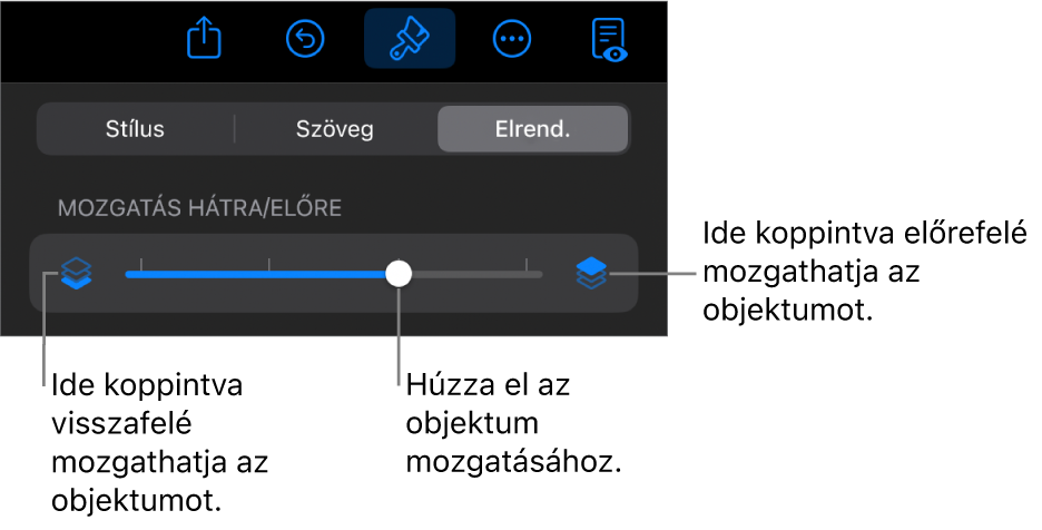 Visszafelé mozgatás gomb, Mozgatás előre gomb és a rétegezés csúszka.
