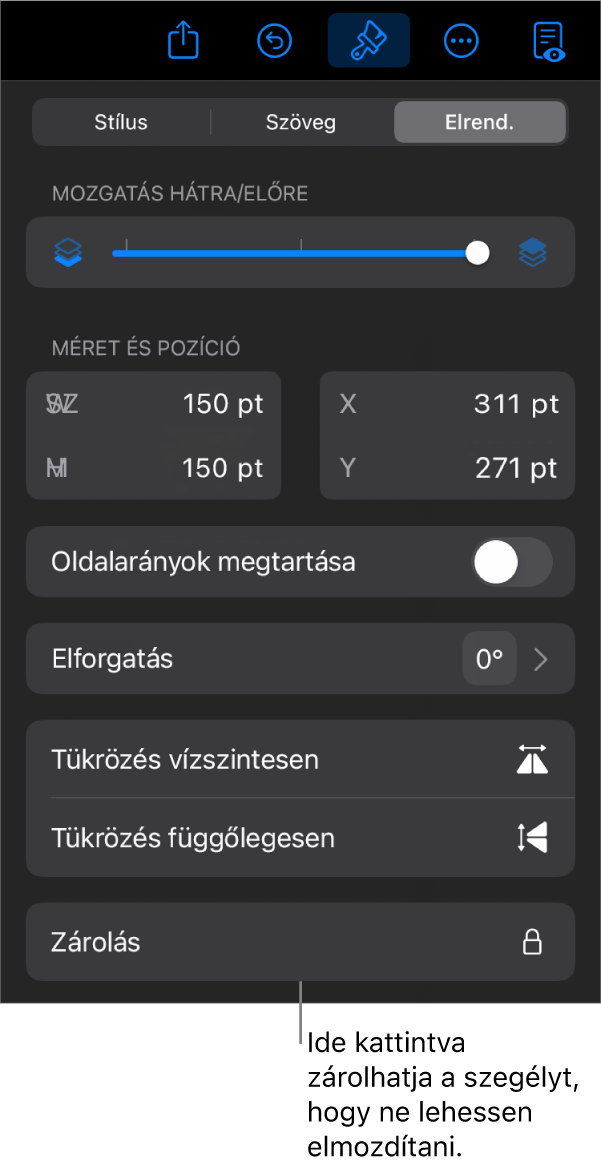 Az Elrendezés vezérlők a Formátum menüben, a kiemelt Zárolás gombbal.