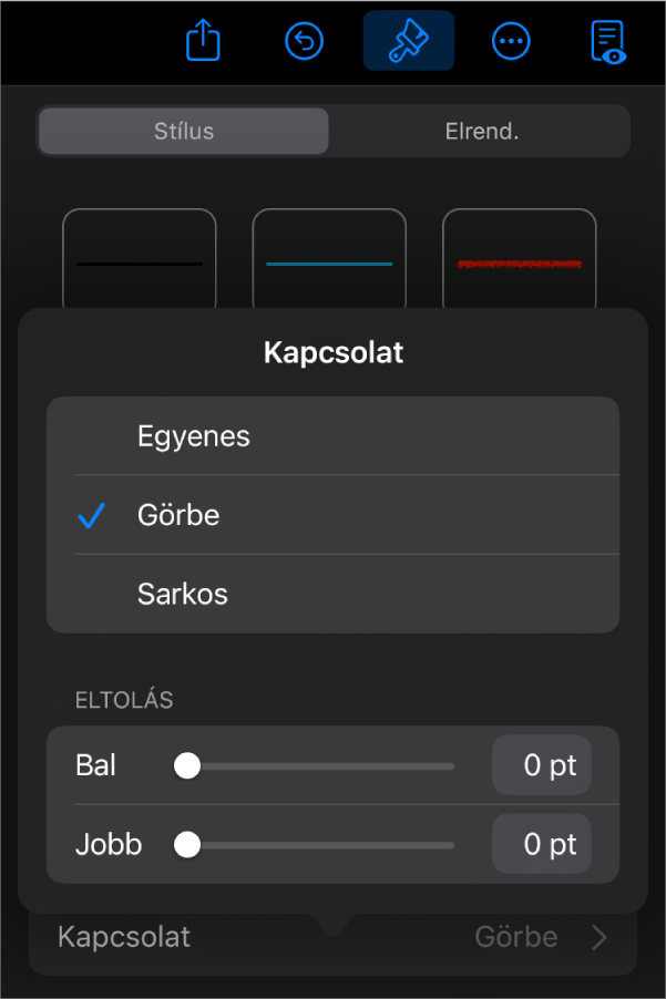 A Kapcsolatok vezérlők a kijelölt Görbe elemmel.