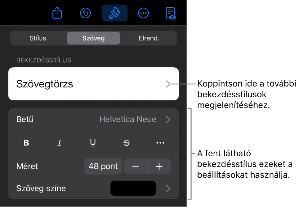 A Formátum menü a bekezdés és a karakterek stílusának, betűtípusának, méretének és színének beállítására szolgáló vezérlőkkel.