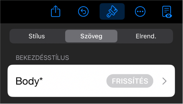 Karakterstílus egy csillag karakterrel, jobbra pedig a Frissítés gombbal.