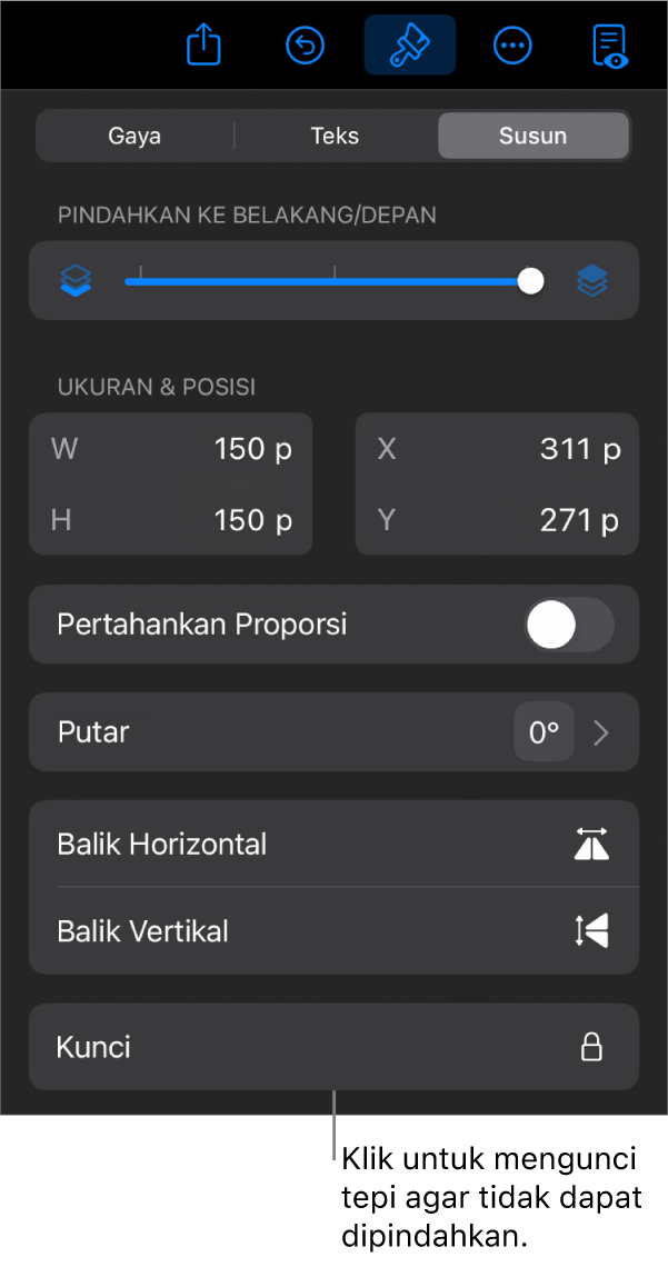 Tombol Susun di menu Format dengan tombol Kunci dijelaskan.