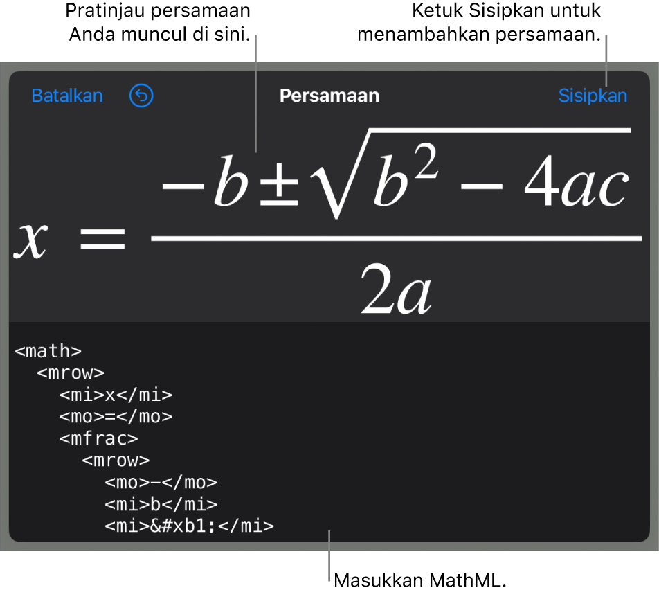 Dialog Persamaan, menampilkan sebuah persamaan ditulis menggunakan perintah MathML, dan pratinjau formula di atas.