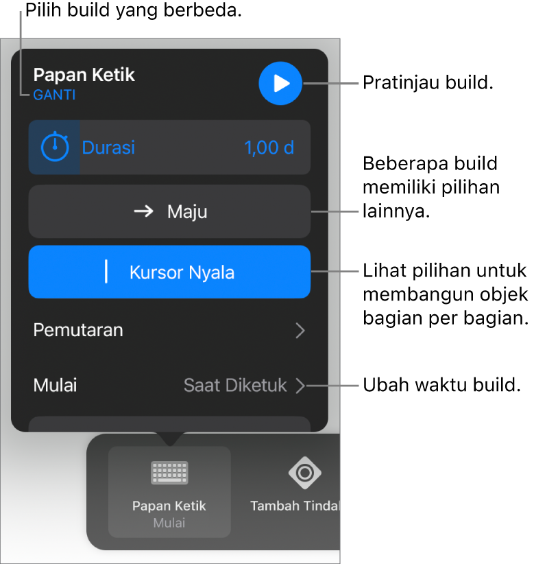 Pilihan build termasuk Durasi, Pengiriman, dan Mulai waktu. Ketuk Ubah untuk memilih build berbeda, atau ketuk Pratinjau untuk mempratinjau build.