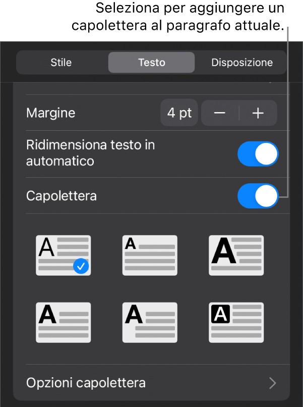 I controlli Capolettera situati nel menu Testo.