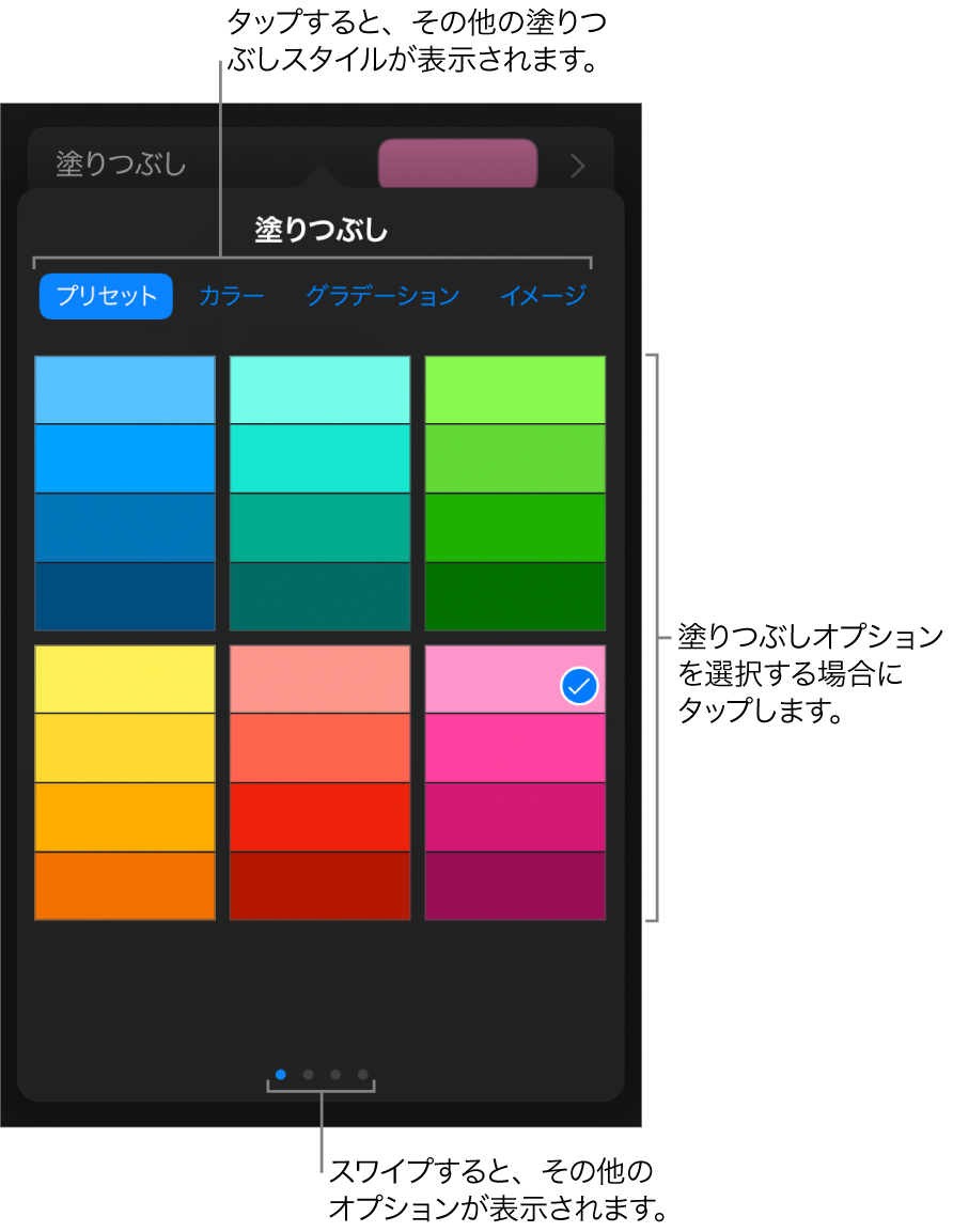 「スタイル」タブの「塗りつぶし」のオプション。