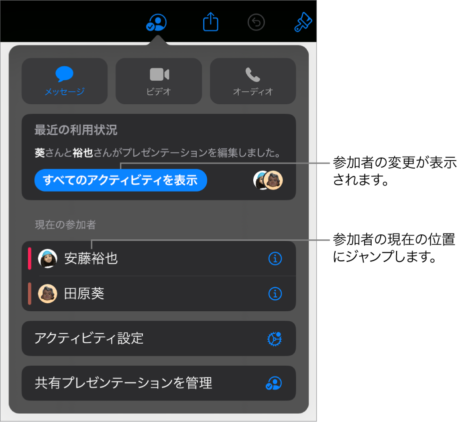 「共同作業」メニュー。現在の参加者が表示されています。