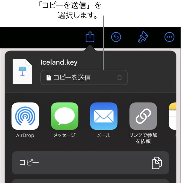 「共有」メニュー。上部で「コピーを送信」が選択されています。