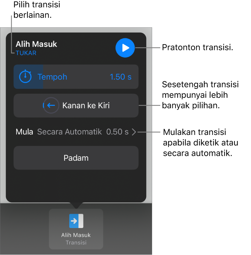 Kawalan dalam anak tetingkap Pilihan untuk mengubah suai transisi.