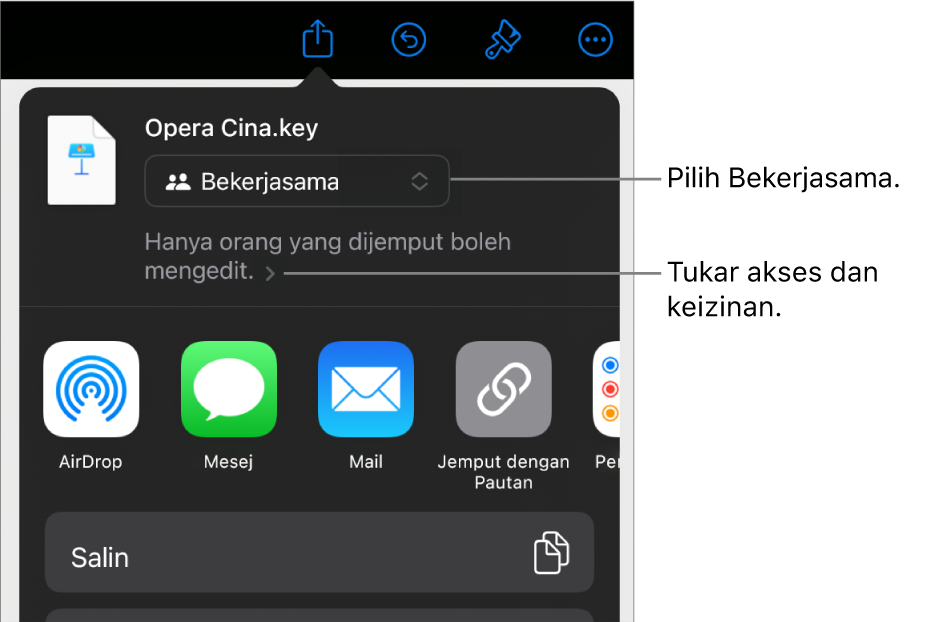 Menu Kongsi dengan Bekerjasama dipilih di bahagian atas dan seting akses serta keizinan di bahagian bawah.