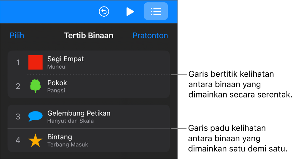 Menu Tertib Binaan, dengan garis bertitik kelihatan antara binaan yang dimainkan serentak dan garis padu antara binaan yang dimainkan satu demi satu.