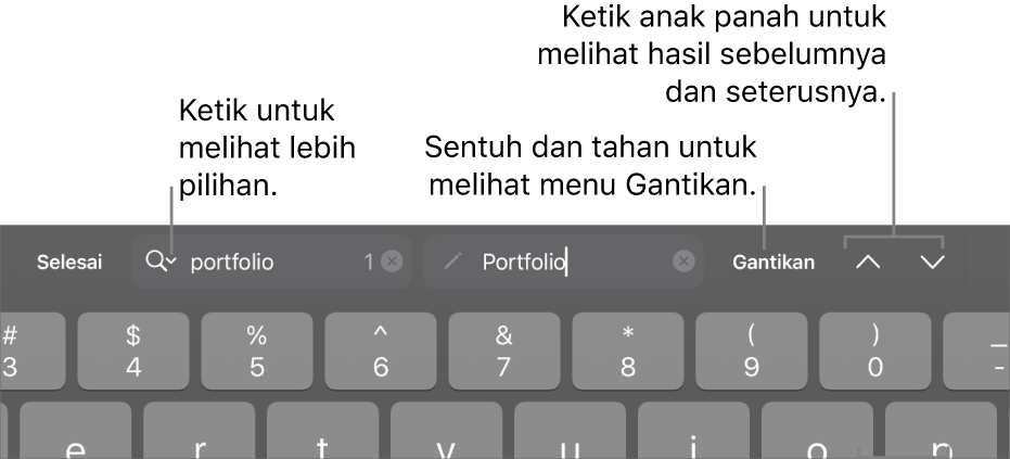 Kawalan Cari & Ganti di atas papan kekunci dengan petak bual ke butang Pilihan Carian, Ganti, Pergi ke Atas dan Pergi ke Bawah.