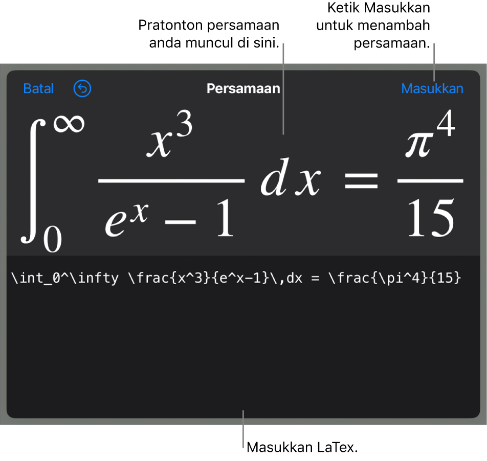 Dialog Persamaan, menunjukkan persamaan yang ditulis menggunakan perintah LaTex manakala pratonton formulanya di atas.
