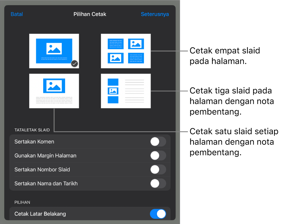 Pilihan tataletak cetakan.