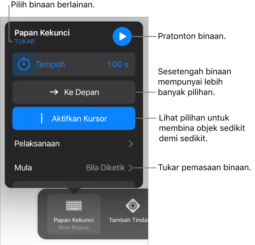 Pilihan binaan menyertakan pemasaan Tempoh, Penghantaran dan Masa. Ketik Tukar untuk memilih binaan yang berbeza, atau ketik Pratonton untuk pratonton binaan.