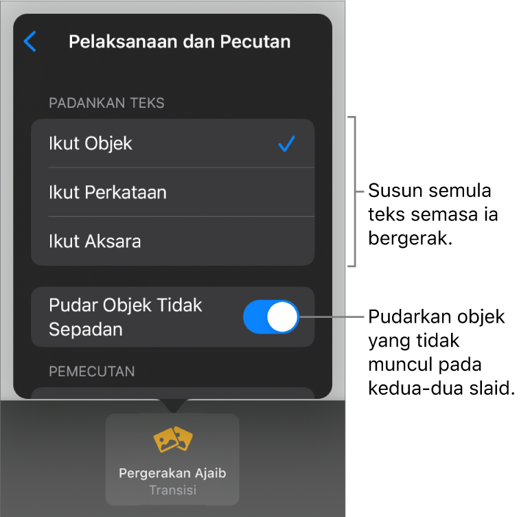 Pilihan penghantaran dan pemecutan Pergerakan Ajaib dalam anak tetingkap Pemecutan.