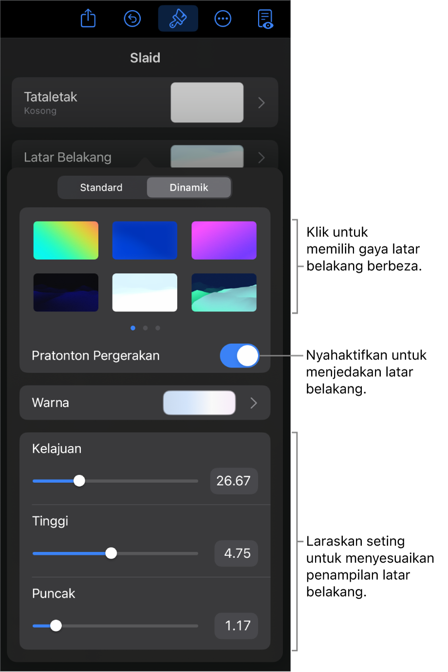 Kawalan latar belakang dinamik dengan imej kecil gaya latar belakang, butang Pratonton Pergerakan dan kawalan disesuaikan dipaparkan.