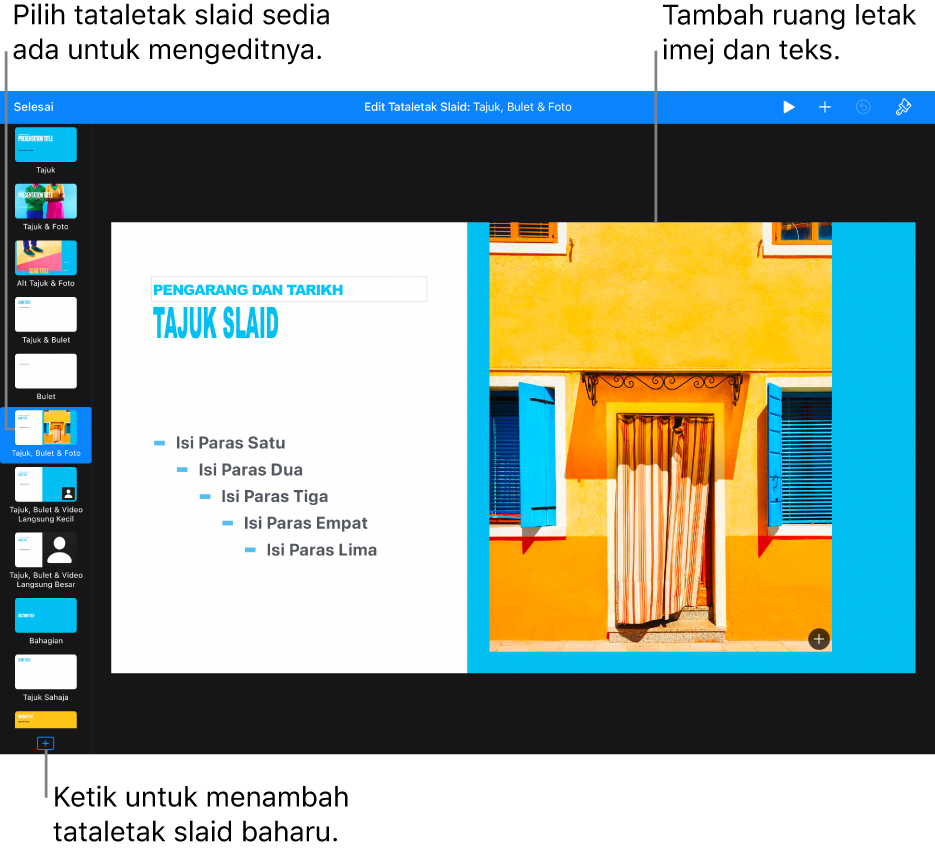 Tataletak slaid ditunjukkan pada kanvas slaid, dengan butang Tambah Tataletak Slaid di bahagian bawah penavigasi slaid.