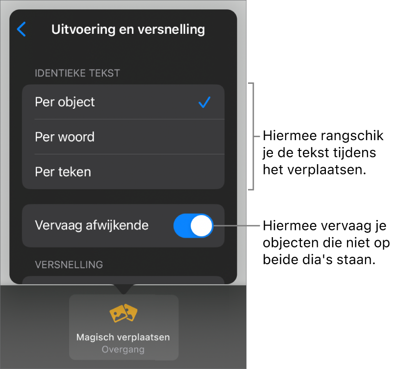 Opties voor de uitvoering en versnelling van 'Magisch verplaatsen' in het paneel 'Versnelling'.