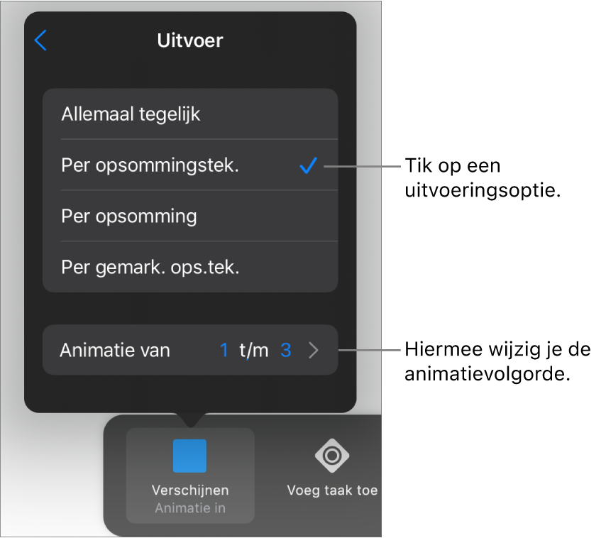 Uitvoeringsopties in het paneel 'Animatie in'.