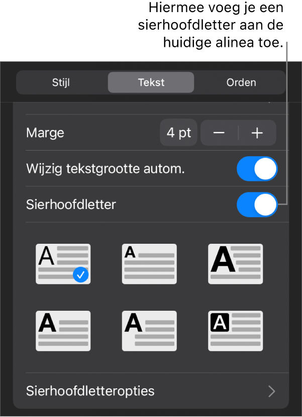 De regelaars voor sierhoofdletters in het menu 'Tekst'.