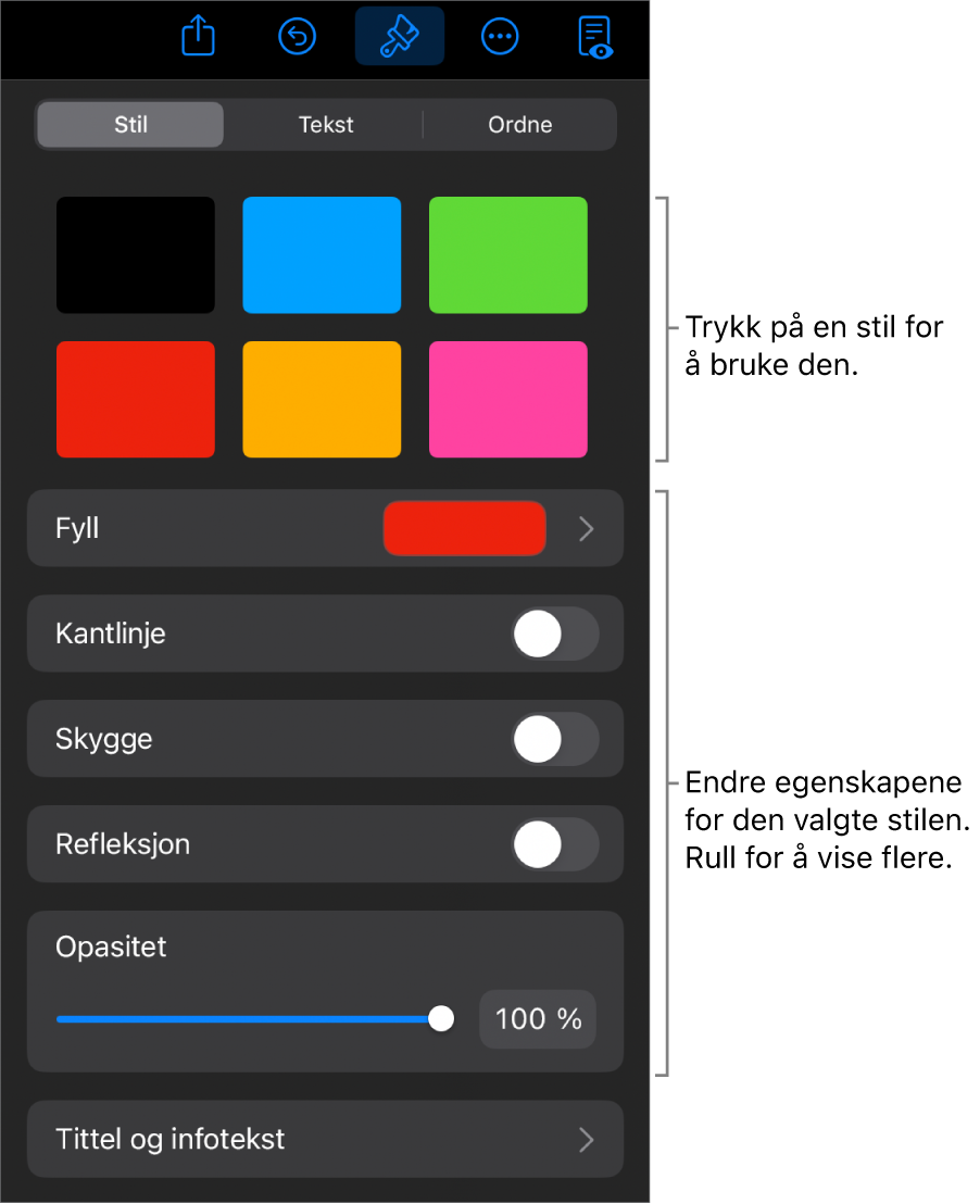 Stil-fanen i Format-menyen med objektstiler øverst og kontroller under dem for å endre kantlinje, skygge, refleksjon og opasitet.