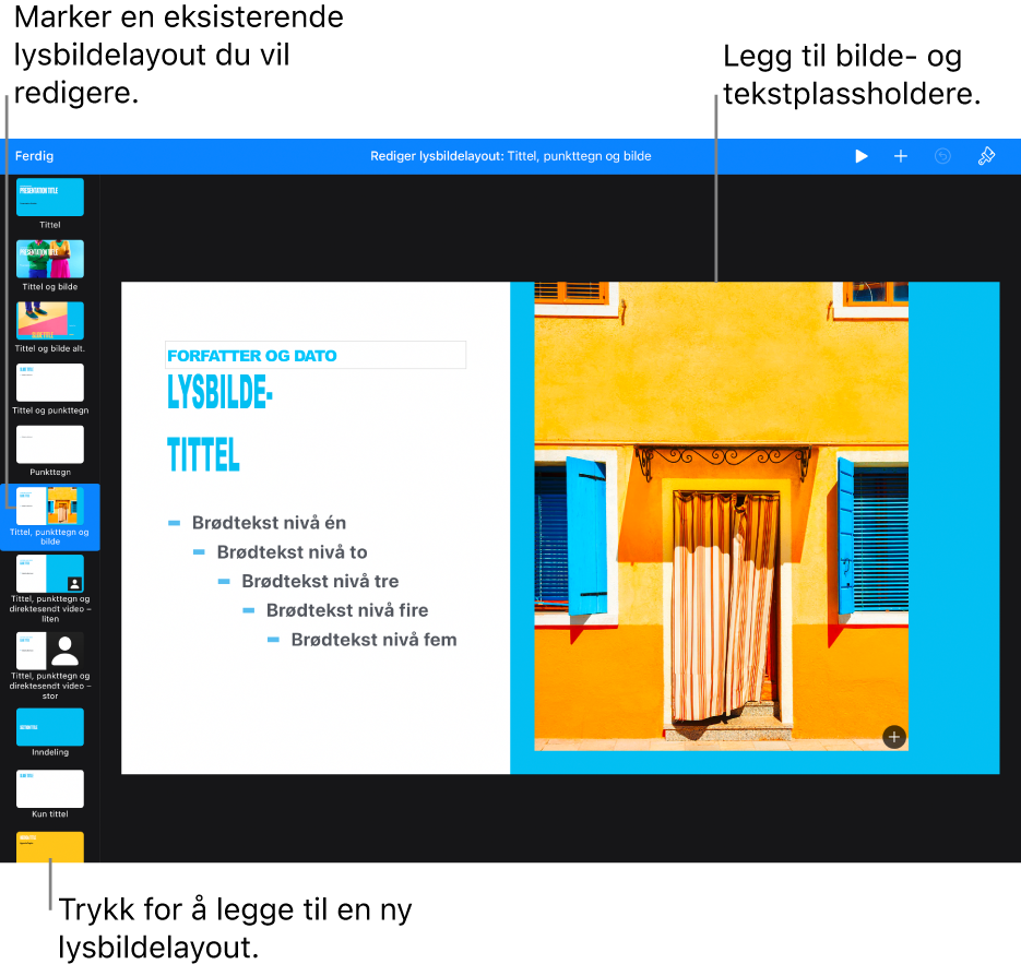 En lysbildelayout vises på lysbildelerretet, med Legg til lysbildelayout-knappen nederst i lysbildenavigereren.