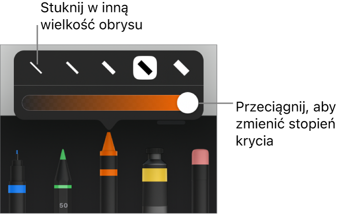Narzędzia do ustawiania grubości kreski oraz suwak do ustawiania stopnia krycia.