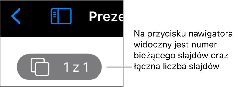 Przycisk nawigatora slajdów z wyświetlonym numerem slajdu oraz łączną liczbą slajdów w prezentacji.