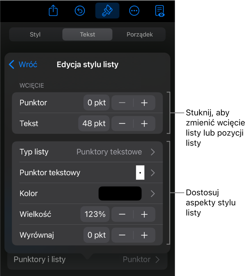 Menu Edycja stylu listy z narzędziami umożliwiającymi edycję typu i wyglądu listy.