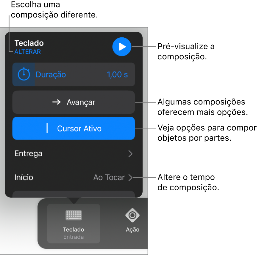 Entre as opções de composição estão os tempos de Duração, Distribuição e Início. Toque em Alteração para escolher uma composição diferente ou toque em Pré-visualizar para pré-visualizá-la.