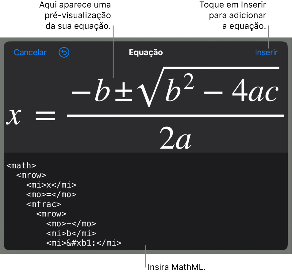 O diálogo de Equação, mostrando uma equação escrita com comandos MathML e uma pré-visualização da fórmula acima.